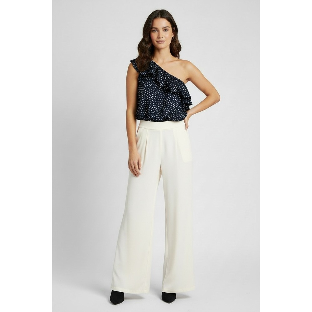 Ann Taylor | One Shoulder Blouse S Navy Polka Dot Ruffle Sleeveless Top